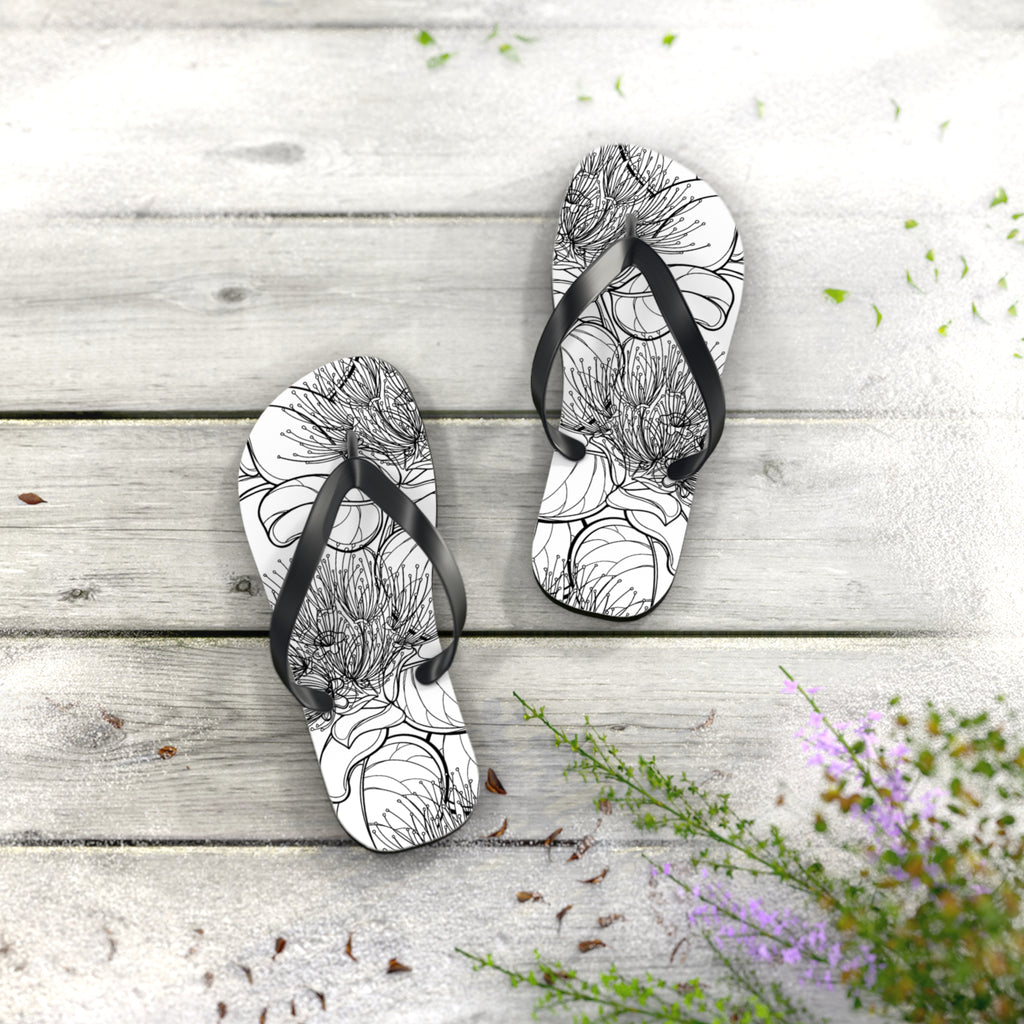 Pohutukawa Flower Jandals — Aotearoa New Zealand Monochrome Botanical Beach Wear