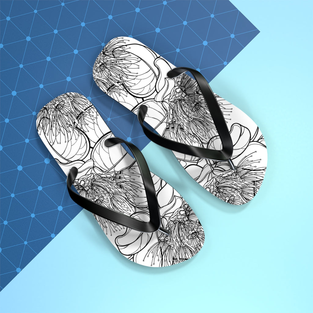 Pohutukawa Flower Jandals — Aotearoa New Zealand Monochrome Botanical Beach Wear