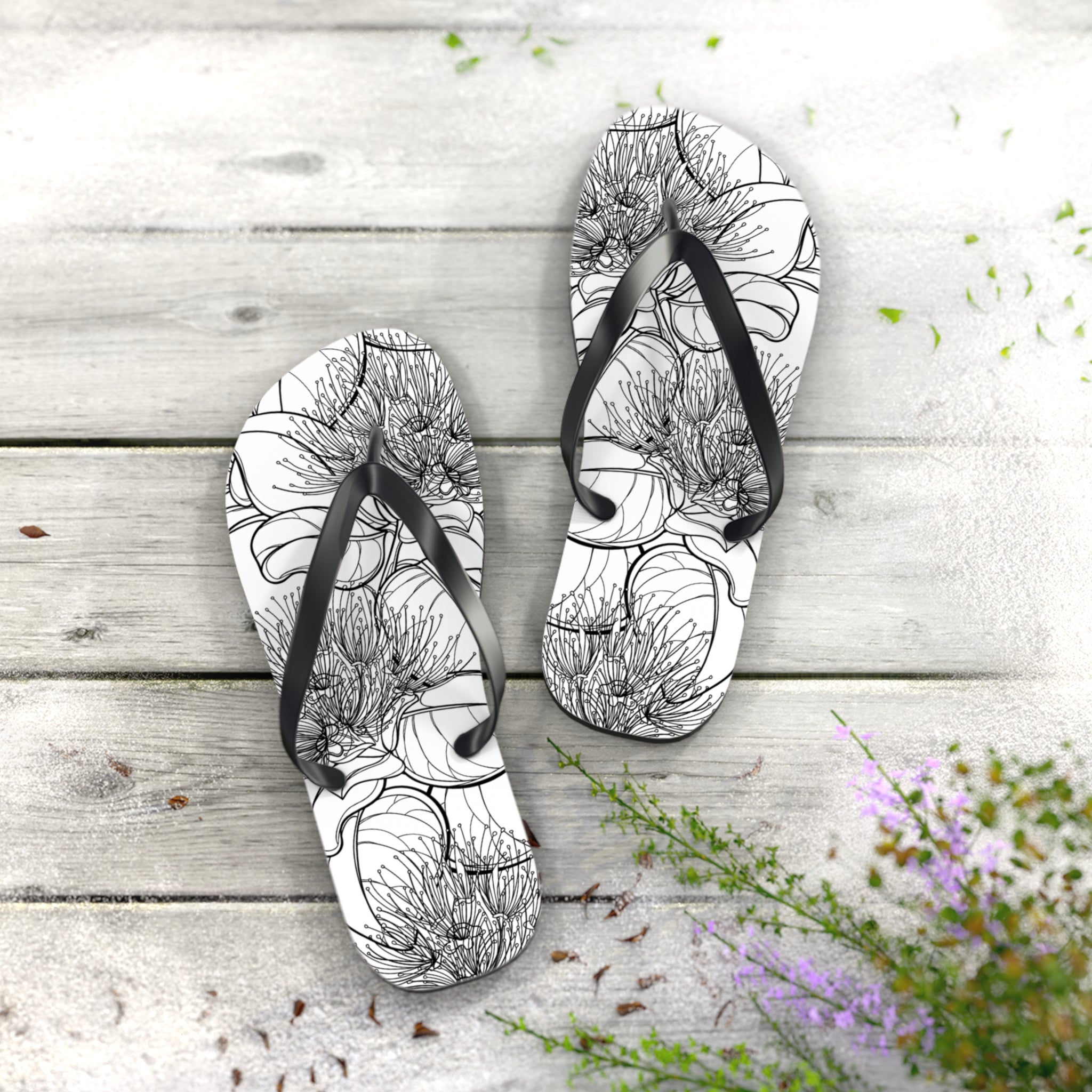 Pohutukawa Flower Jandals — Aotearoa New Zealand Monochrome Botanical Beach Wear