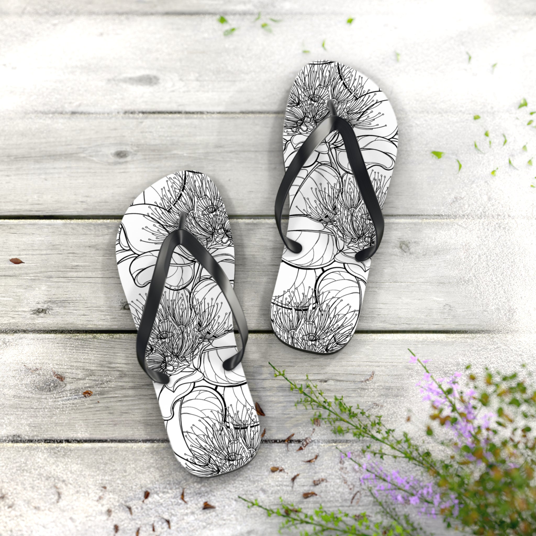 Pohutukawa Flower Jandals — Aotearoa New Zealand Monochrome Botanical Beach Wear