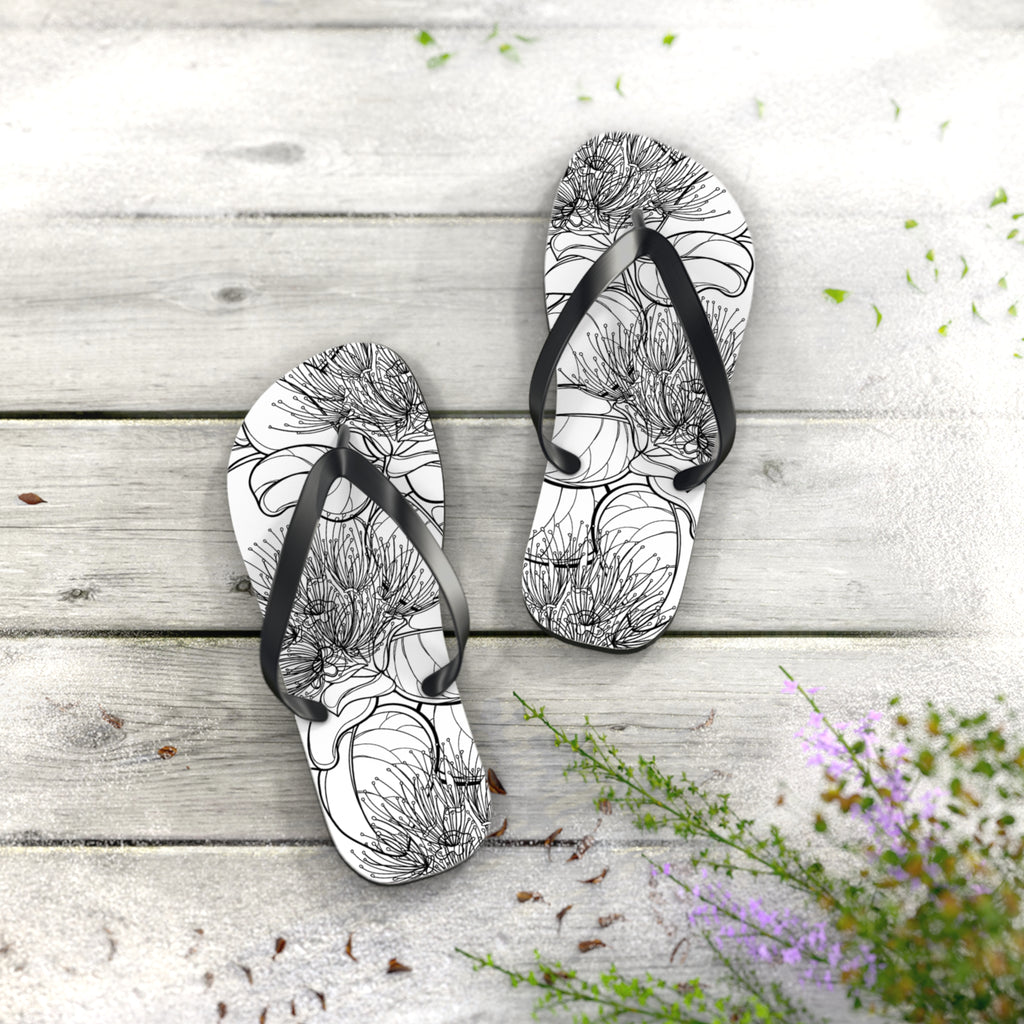 Pohutukawa Flower Jandals — Aotearoa New Zealand Monochrome Botanical Beach Wear