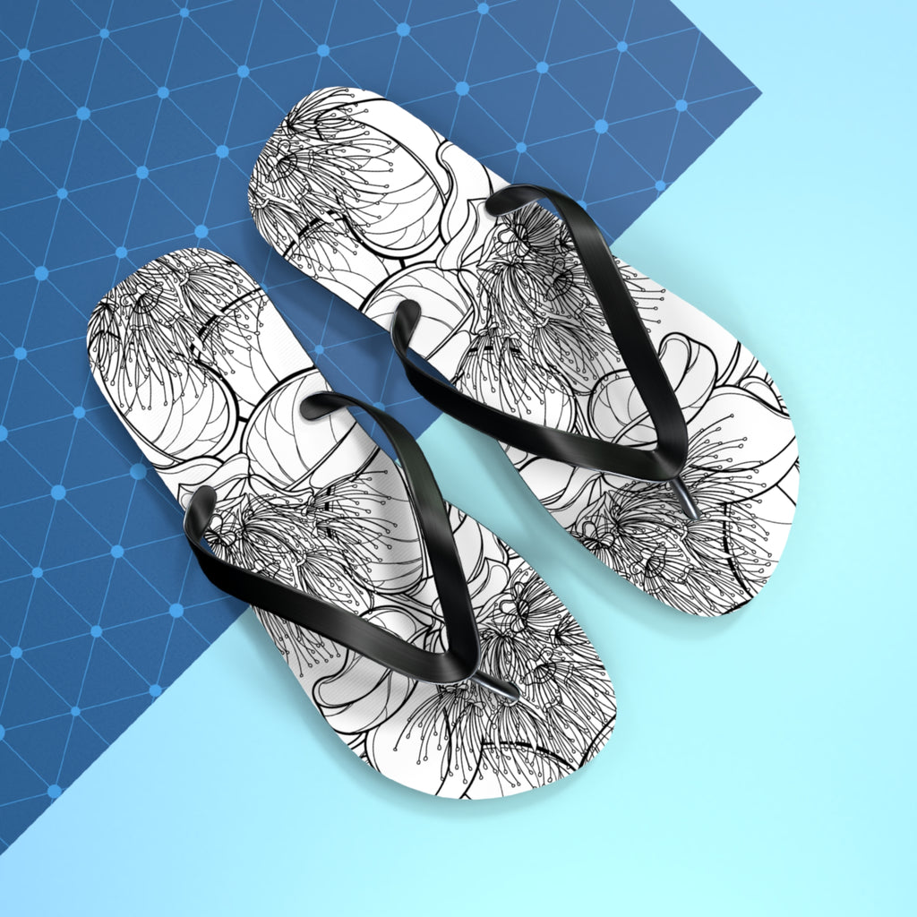 Pohutukawa Flower Jandals — Aotearoa New Zealand Monochrome Botanical Beach Wear